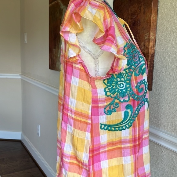 THML - Anthropologie Blouse Top Size S Teal Embroidered Top lightweight Colorful - Picture 7 of 16